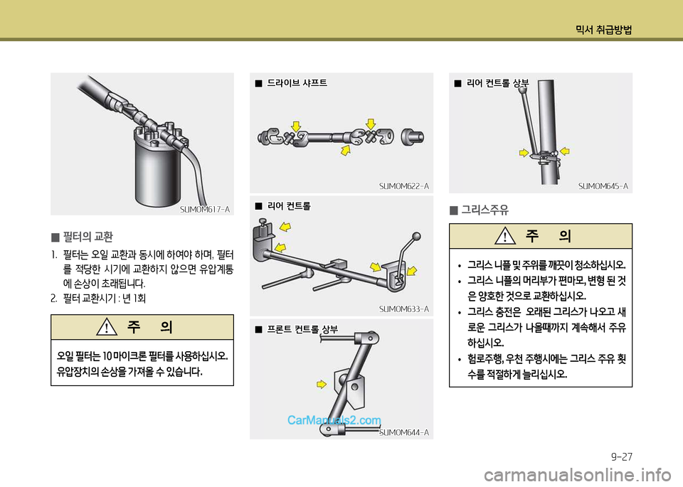 Hyundai New Power Truck 2015  뉴파워트럭 - 사용 설명서 (in Korean) 믹서 취급방법9-27
오일 필터는  소0  마이크론  필터를  사용하/u/d오 .
유압장: