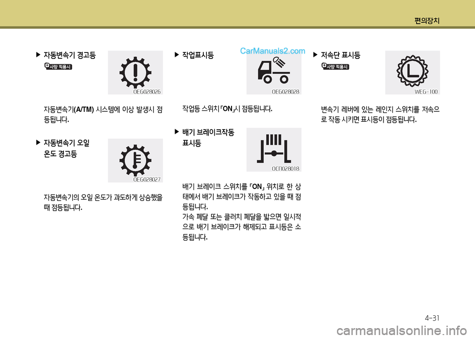 Hyundai New Power Truck 2015  뉴파워트럭 - 사용 설명서 (in Korean) 편의장치4-3소
 
▶
  
4동변.기  경h등
    4동변.기 (A/TM) /d스템2X  이상  (