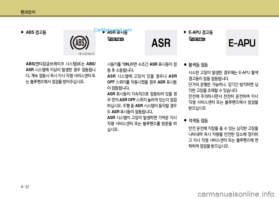 Hyundai New Power Truck 2015  뉴파워트럭 - 사용 설명서 (in Korean) 편의장치 4-3속
 
▶
ABS  경h등
   ABS( 앤?x4(