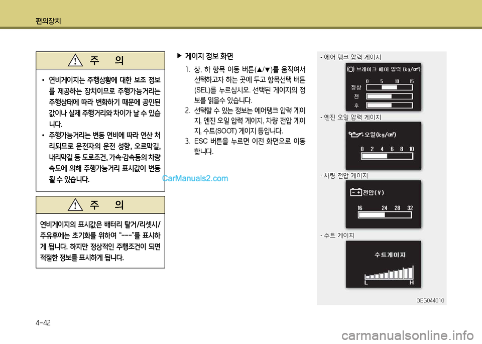 Hyundai New Power Truck 2015  뉴파워트럭 - 사용 설명서 (in Korean) 편의장치 4-4속
 
•
연비게이6H는  주B상황에  대한  )|4