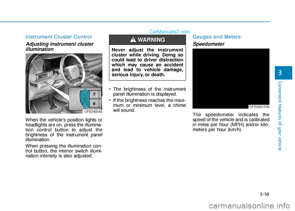 Hyundai Nexo 2019  Owners Manual 3-59
Convenient features of your vehicle
3
Instrument Cluster Control
Adjusting instrument clusterillumination
When the vehicles position lights or
headlights are on, press the illumina-
tion control