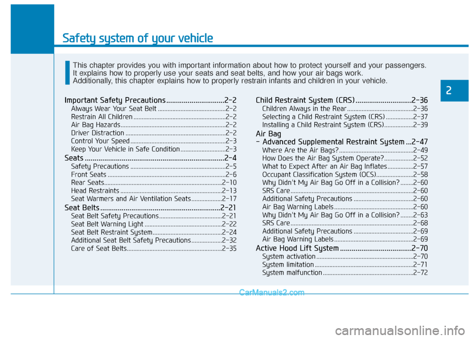 Hyundai Nexo 2019 Owners Manual Safety system of your vehicle
Important Safety Precautions ..............................2-2
Always Wear Your Seat Belt ..........................................2-2
Restrain All Children ............ Hyundai Nexo 2019 Owners Manual Safety system of your vehicle
Important Safety Precautions ..............................2-2
Always Wear Your Seat Belt ..........................................2-2
Restrain All Children ............