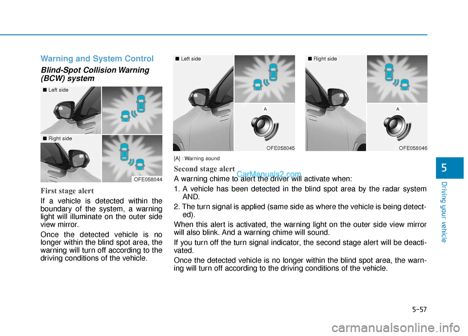 Hyundai Nexo 2019 Owners Manual 5-57
Driving your vehicle
5
Warning and System Control
Blind-Spot Collision Warning(BCW) system
First stage alert
If a vehicle is detected within the
boundary of the system, a warning
light will illum Hyundai Nexo 2019 Owners Manual 5-57
Driving your vehicle
5
Warning and System Control
Blind-Spot Collision Warning(BCW) system
First stage alert
If a vehicle is detected within the
boundary of the system, a warning
light will illum