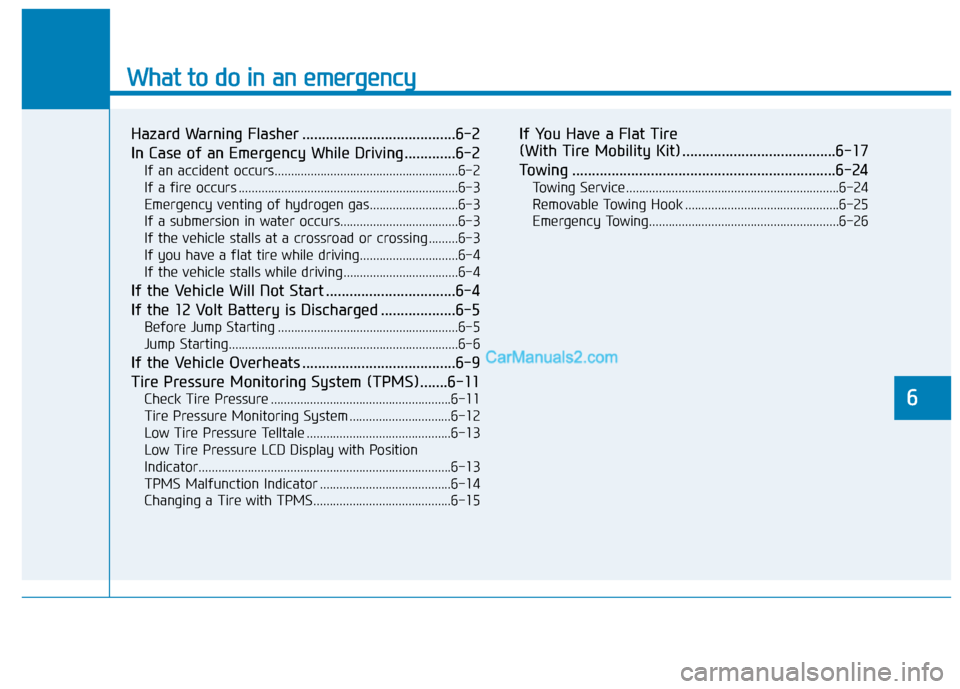Hyundai Nexo 2019  Owners Manual What to do in an emergency
6
Hazard Warning Flasher .......................................6-2
In Case of an Emergency While Driving.............6-2
If an accident occurs..............................