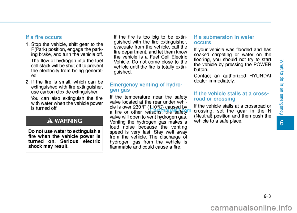 Hyundai Nexo 2019  Owners Manual 6-3
What to do in an emergency
If a fire occurs
1. Stop the vehicle, shift gear to theP(Park) position, engage the park-
ing brake, and turn the vehicle off.
The flow of hydrogen into the fuel cell st