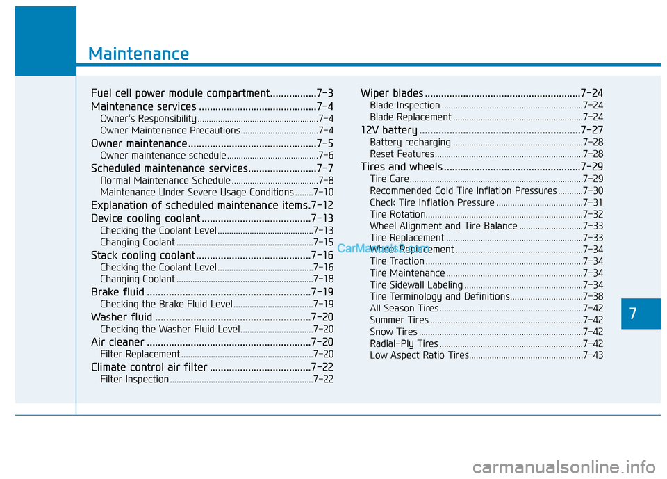 Hyundai Nexo 2019  Owners Manual 7
Maintenance
7
Maintenance
Fuel cell power module compartment.................7-3
Maintenance services ...........................................7-4
Owners Responsibility ..........................