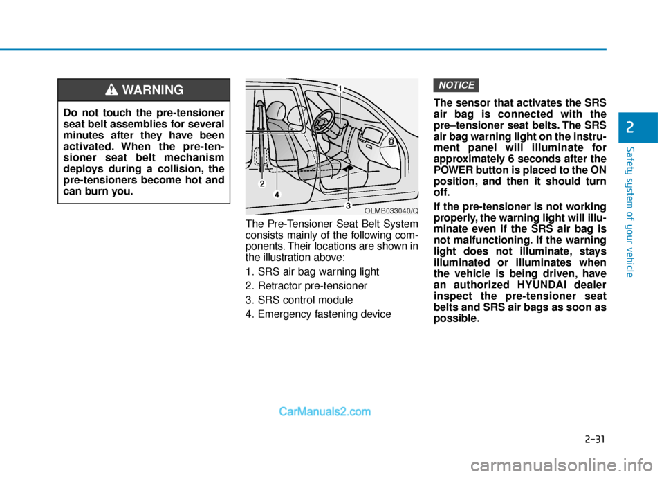 Hyundai Nexo 2019  Owners Manual 2-31
Safety system of your vehicle
2
The Pre-Tensioner Seat Belt System
consists mainly of the following com-
ponents. Their locations are shown in
the illustration above:
1. SRS air bag warning light