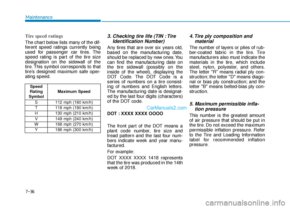Hyundai Nexo 2019  Owners Manual 7-36
Maintenance
Tire speed ratings 
The chart below lists many of the dif-
ferent speed ratings currently being
used for passenger car tires. The
speed rating is part of the tire size
designation on 