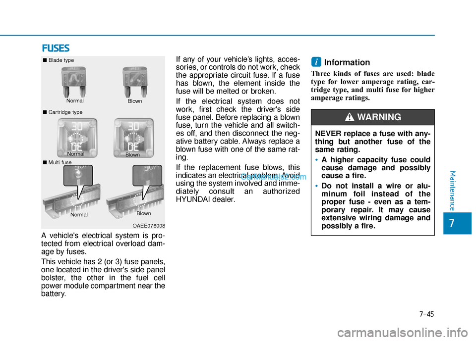 Hyundai Nexo 2019  Owners Manual 7-45
7
Maintenance
F
FU
U S
SE
E S
S
A vehicles electrical system is pro-
tected from electrical overload dam-
age by fuses.
This vehicle has 2 (or 3) fuse panels,
one located in the drivers side pa