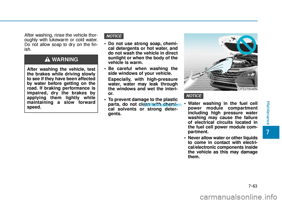 Hyundai Nexo 2019  Owners Manual 7-63
7
Maintenance
After washing, rinse the vehicle thor-
oughly with lukewarm or cold water.
Do not allow soap to dry on the fin-
ish. Do not use strong soap, chemi-
cal detergents or hot water, and
