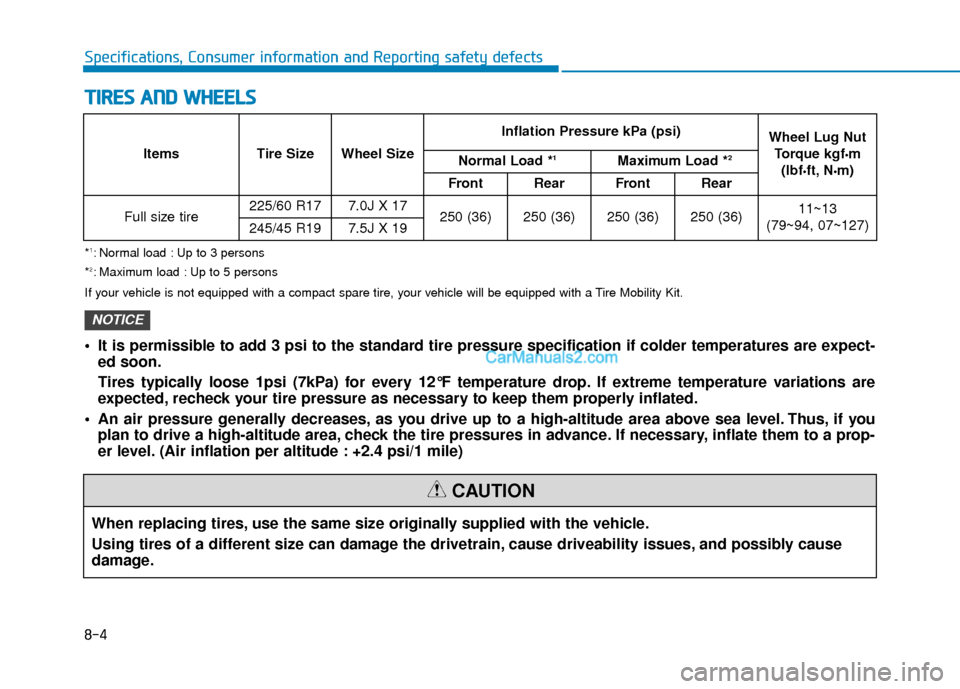 Hyundai Nexo 2019 Owners Manual 8-4
Specifications, Consumer information and Reporting safety defects
T
TI
IR
R E
ES
S
A
A N
N D
D
W
W H
HE
EE
EL
LS
S
When replacing tires, use the same size originally supplied with the vehicle. Hyundai Nexo 2019 Owners Manual 8-4
Specifications, Consumer information and Reporting safety defects
T
TI
IR
R E
ES
S
A
A N
N D
D
W
W H
HE
EE
EL
LS
S
When replacing tires, use the same size originally supplied with the vehicle.