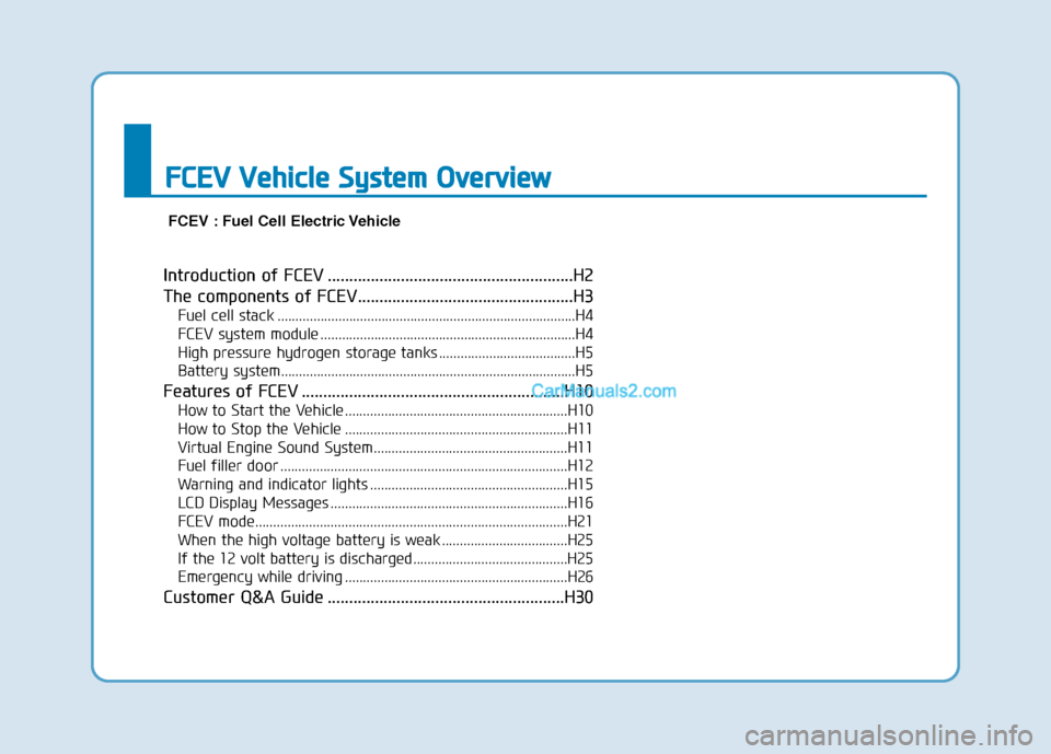 Hyundai Nexo 2019  Owners Manual Introduction of FCEV .........................................................H2
The components of FCEV..................................................H3
Fuel cell stack ............................