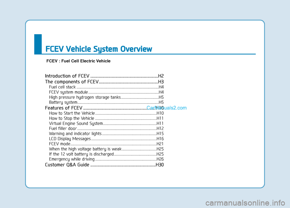 Hyundai Nexo 2019 Owners Manual Introduction of FCEV .........................................................H2
The components of FCEV..................................................H3
Fuel cell stack ............................ Hyundai Nexo 2019 Owners Manual Introduction of FCEV .........................................................H2
The components of FCEV..................................................H3
Fuel cell stack ............................