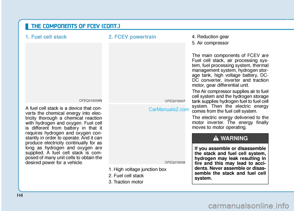 Hyundai Nexo 2019  Owners Manual H4
1. Fuel cell stack 
A fuel cell stack is a device that con-
verts the chemical energy into elec-
tricity thorough a chemical reaction
with hydrogen and oxygen. Fuel cell
is different from battery i