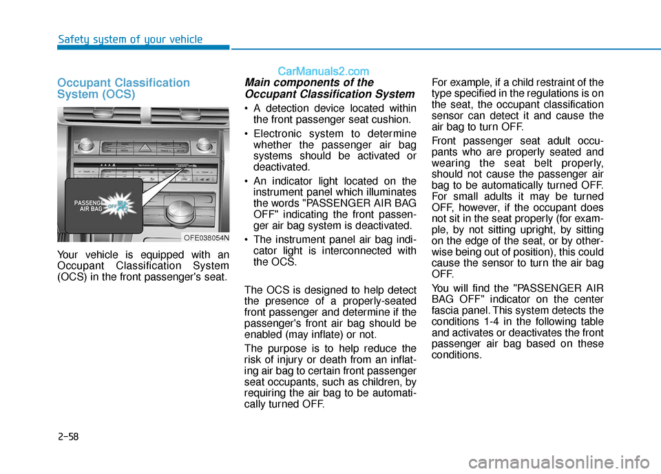 Hyundai Nexo 2019  Owners Manual 2-58
Safety system of your vehicle
Occupant Classification
System (OCS)
Your vehicle is equipped with an
Occupant Classification System
(OCS) in the front passengers seat.
Main components of theOccup