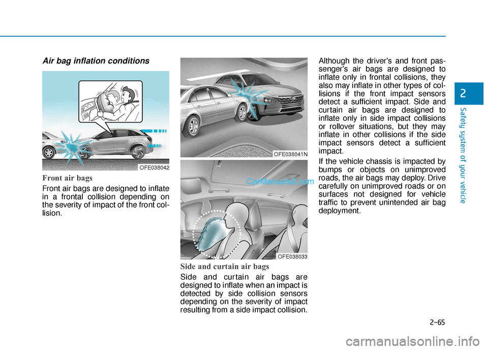 Hyundai Nexo 2019  Owners Manual 2-65
Safety system of your vehicle
2
Air bag inflation conditions 
Front air bags 
Front air bags are designed to inflate
in a frontal collision depending on
the severity of impact of the front col-
l