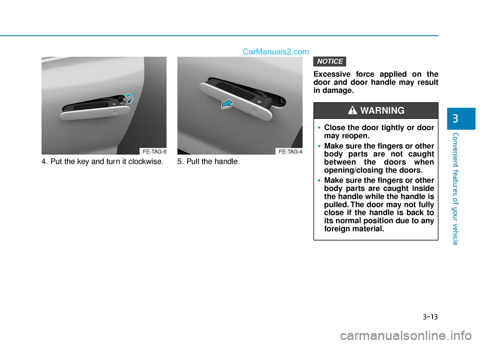 Hyundai Nexo 2019 Owners Manual 3-13
Convenient features of your vehicle
4. Put the key and turn it clockwise. 5. Pull the handle.Excessive force applied on the
door and door handle may result
in damage.
NOTICE
3
FE-TAG-6FE-TAG-4
Cl