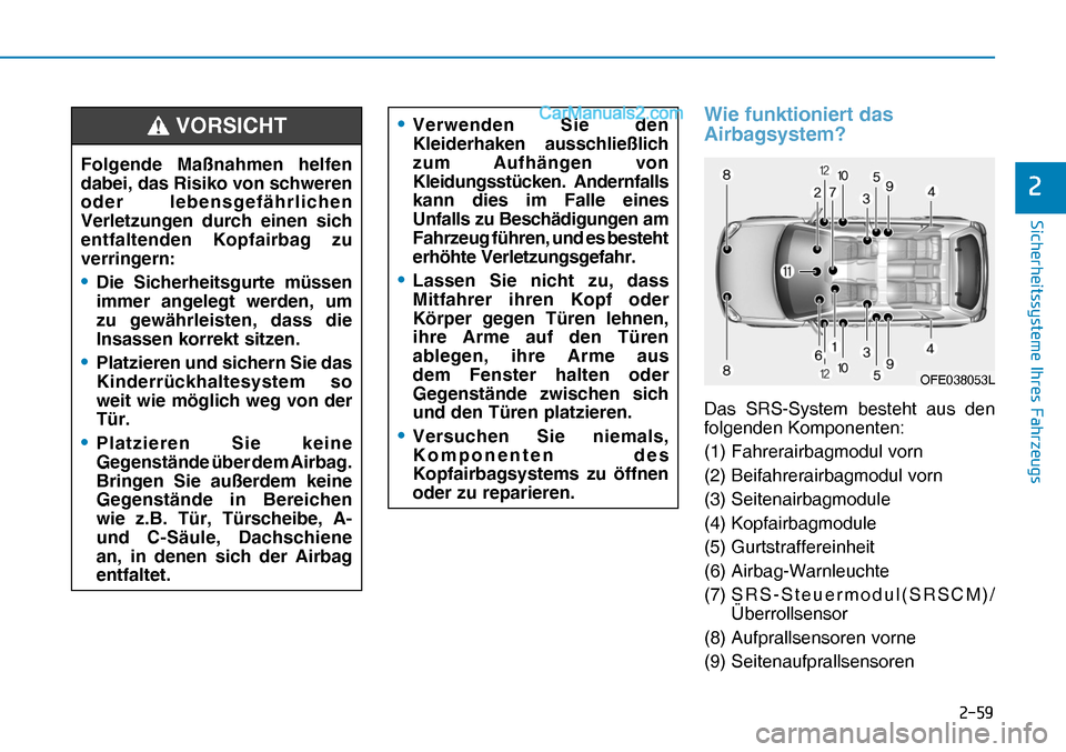 Hyundai Nexo 2019  Betriebsanleitung (in German) ����
�6�L�F�K�H�U�K�H�L�W�V�V�\�V�W�H�P�H��,�K�U�H�V��)�D�K�U�]�H�X�J�V
�
Wie funktioniert das 
Airbagsystem?
Das SRS-System besteht aus den 
folgenden Komponenten:
(1) Fahrerairbagmodul vorn
(