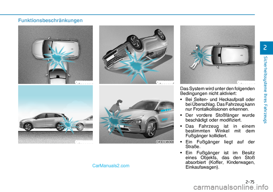 Hyundai Nexo 2019  Betriebsanleitung (in German) ����
�6�L�F�K�H�U�K�H�L�W�V�V�\�V�W�H�P�H��,�K�U�H�V��)�D�K�U�]�H�X�J�V
�
OFE038065OFE038067OFE038069
OFE038066OFE038068OFE038068
Das System wird unter den folgenden 
Bedingungen nicht aktivier