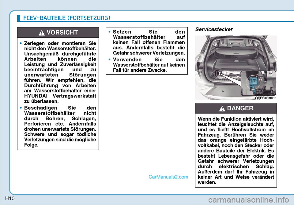 Hyundai Nexo 2019  Betriebsanleitung (in German) H10
Servicestecker
�)�&�(�9��%�$�8�7�(�,�/�(���)�2�5�7�6�(�7�=�8�1�*�
OFEQ018011OFEQ018011
• Zerlegen oder montieren Sie 
nicht den Wasserstoffbehälter. 
Unsachgemäß durchgeführte 
Arbeiten 
