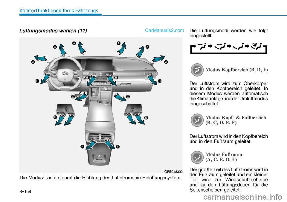 Hyundai Nexo 2019  Betriebsanleitung (in German) �����
�.�R�P�I�R�U�W�I�X�Q�N�W�L�R�Q�H�Q��,�K�U�H�V��)�D�K�U�]�H�X�J�V
Lüftungsmodus wählen (11)Die Lüftungsmodi werden wie folgt 
eingestellt:
�0�R�G�X�V��.�R�S�I�E�H�U�H�L�F�K���%���