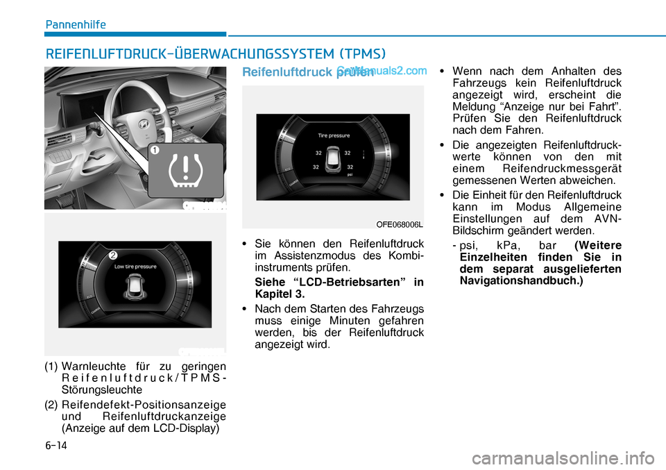Hyundai Nexo 2019  Betriebsanleitung (in German) ����
�3�D�Q�Q�H�Q�K�L�O�I�H
(1)  Warnleuchte für zu geringen 
Reifenluftdruck/TPMS-
Störungsleuchte
(2)  Reifendefekt-Positionsanzeige 
und Reifenluftdruckanzeige 
(Anzeige auf dem LCD-Display)

