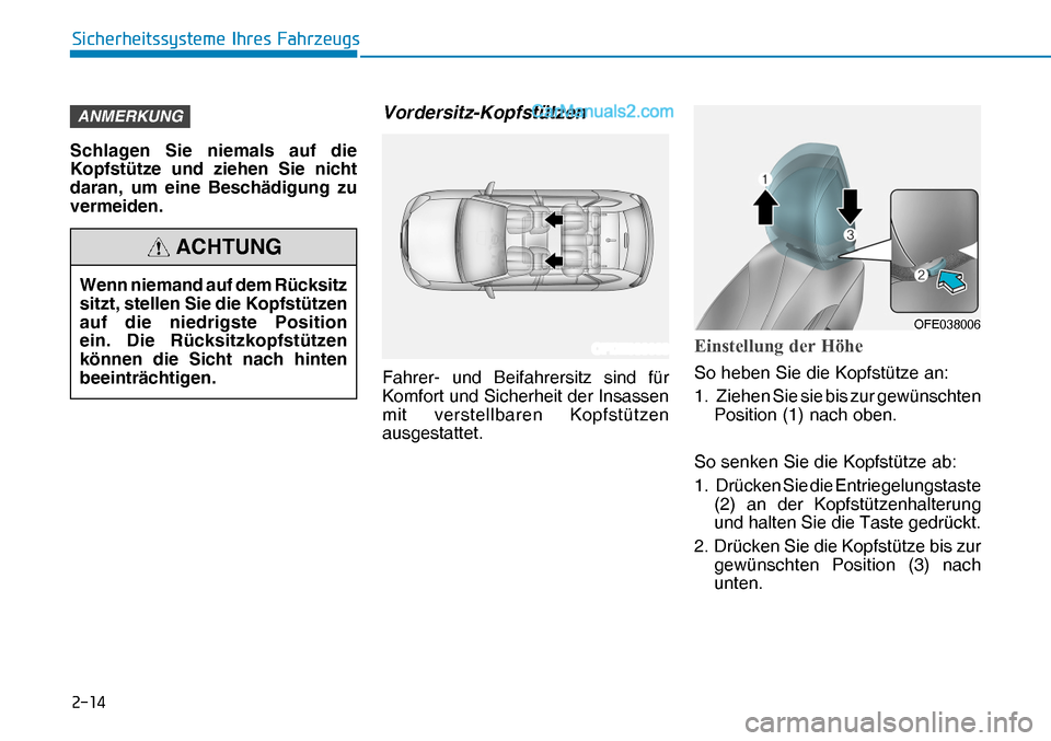 Hyundai Nexo 2019  Betriebsanleitung (in German) ����
�6�L�F�K�H�U�K�H�L�W�V�V�\�V�W�H�P�H��,�K�U�H�V��)�D�K�U�]�H�X�J�V
ANMERKUNG
Schlagen Sie niemals auf die 
Kopfstütze und ziehen Sie nicht 
daran, um eine Beschädigung zu 
vermeiden.
Vord