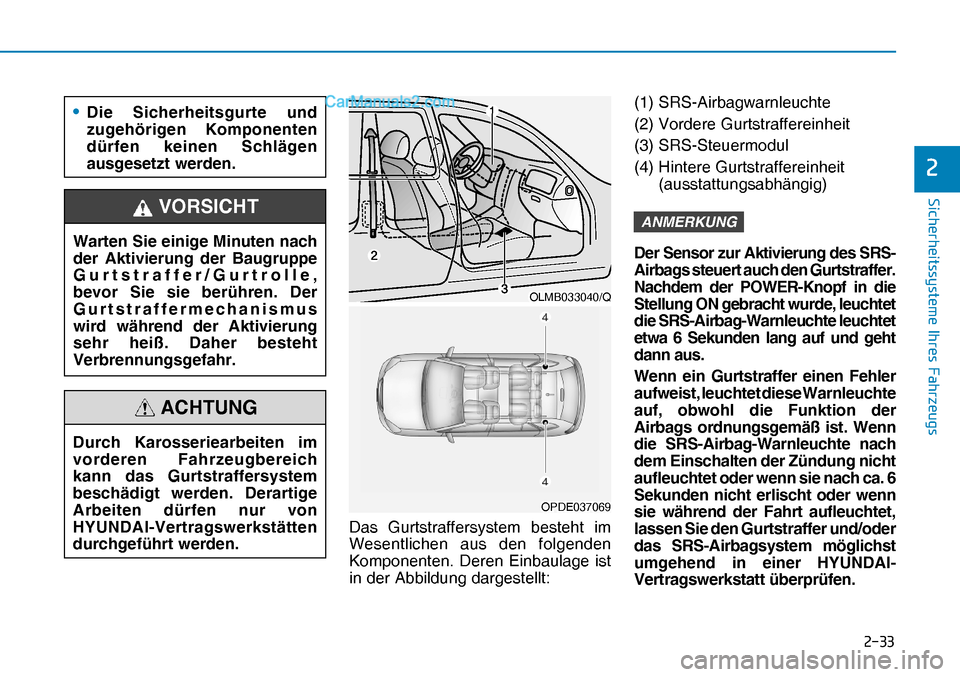 Hyundai Nexo 2019  Betriebsanleitung (in German) ����
�6�L�F�K�H�U�K�H�L�W�V�V�\�V�W�H�P�H��,�K�U�H�V��)�D�K�U�]�H�X�J�V
�
Das Gurtstraffersystem besteht im 
Wesentlichen aus den folgenden 
Komponenten. Deren Einbaulage ist 
in der Abbildung 