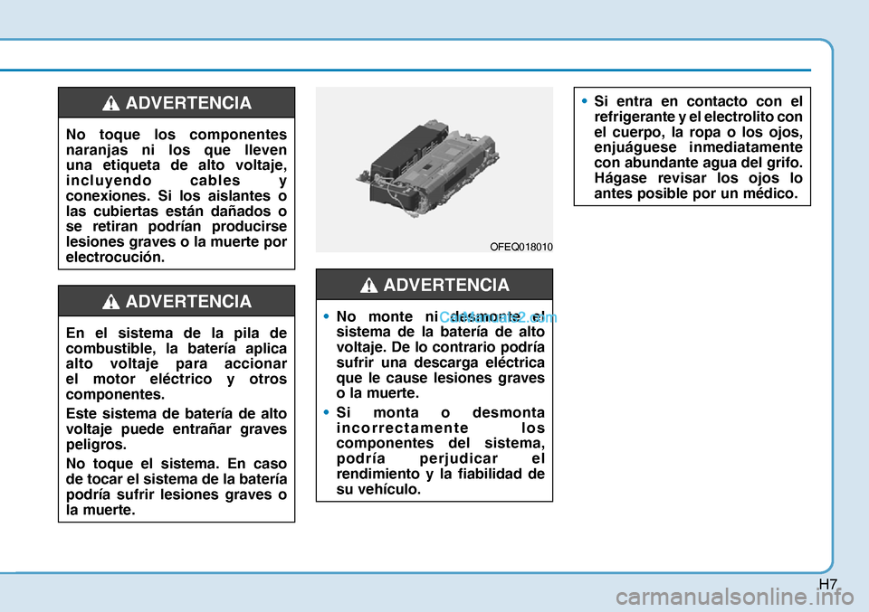 Hyundai Nexo 2019  Manual del propietario (in Spanish) H7
No toque los componentes 
naranjas ni los que lleven 
una etiqueta de alto voltaje, 
incluyendo cables y 
conexiones. Si los aislantes o 
las cubiertas están dañados o 
se retiran podrían produc