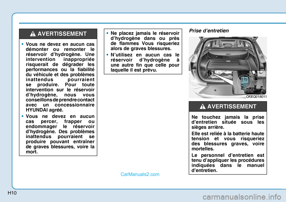Hyundai Nexo 2019  Manuel du propriétaire (in French) H10
Prise d’entretien
OFEQ018011OFEQ018011
Ne touchez jamais la prise 
d’entretien située sous les 
sièges arrière.
Elle est reliée à la batterie haute 
tension et vous risqueriez 
des blessu