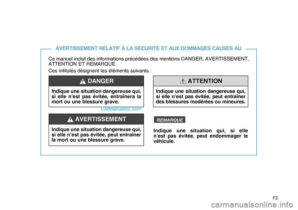 Hyundai Nexo 2019  Manuel du propriétaire (in French) �)�
Ce manuel inclut des informations précédées des mentions DANGER, AVERTISSEMENT, 
ATTENTION ET REMARQUE.
Ces intitulés désignent les éléments suivants :
AVERTISSEMENT RELATIF À LA SECURITE