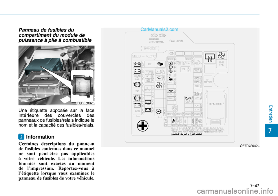 Hyundai Nexo 2019  Manuel du propriétaire (in French) ����
�
�(�Q�W�U�H�W�L�H�Q
Panneau de fusibles du 
compartiment du module de 
puissance à pile à combustible
Une étiquette apposée sur la face 
intérieure des couvercles des 
panneaux de fusi