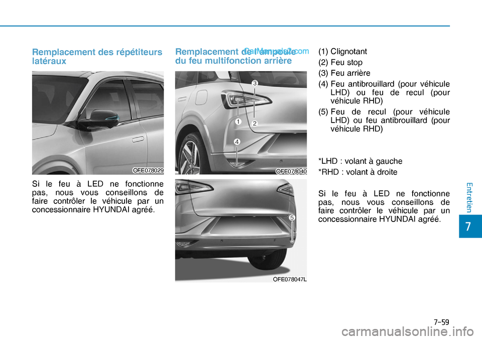 Hyundai Nexo 2019  Manuel du propriétaire (in French) ����
�
�(�Q�W�U�H�W�L�H�Q
Remplacement des répétiteurs 
latéraux
Si le feu à LED ne fonctionne 
pas, nous vous conseillons de 
faire contrôler le véhicule par un 
concessionnaire HYUNDAI ag