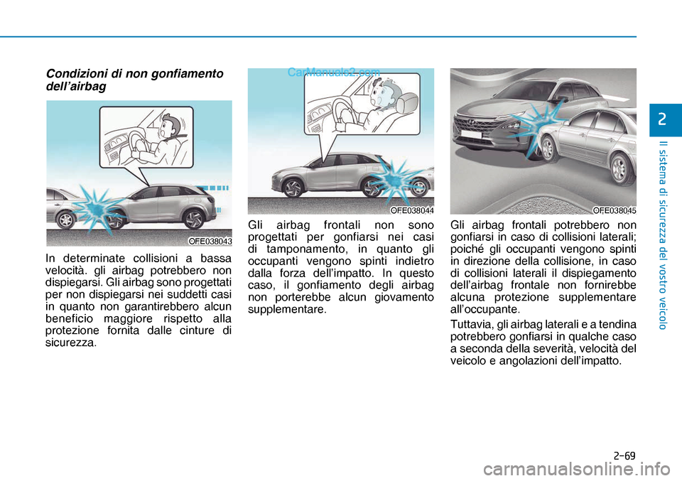 Hyundai Nexo 2019  Manuale del proprietario (in Italian) ����
�,�O��V�L�V�W�H�P�D��G�L��V�L�F�X�U�H�]�]�D��G�H�O��Y�R�V�W�U�R��Y�H�L�F�R�O�R
�
Condizioni di non gonfiamento 
dell’airbag 
In determinate collisioni a bassa 
velocità. gli airbag 