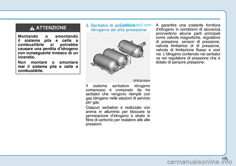 Hyundai Nexo 2019  Manuale del proprietario (in Italian) H5
3.  Serbatoi di accumulo 
 idrogeno ad alta pressione
Il sistema serbatoio idrogeno 
compresso è composto da tre 
serbatoi che vengono riempiti con 
gas idrogeno nelle stazioni di servizio 
per ga