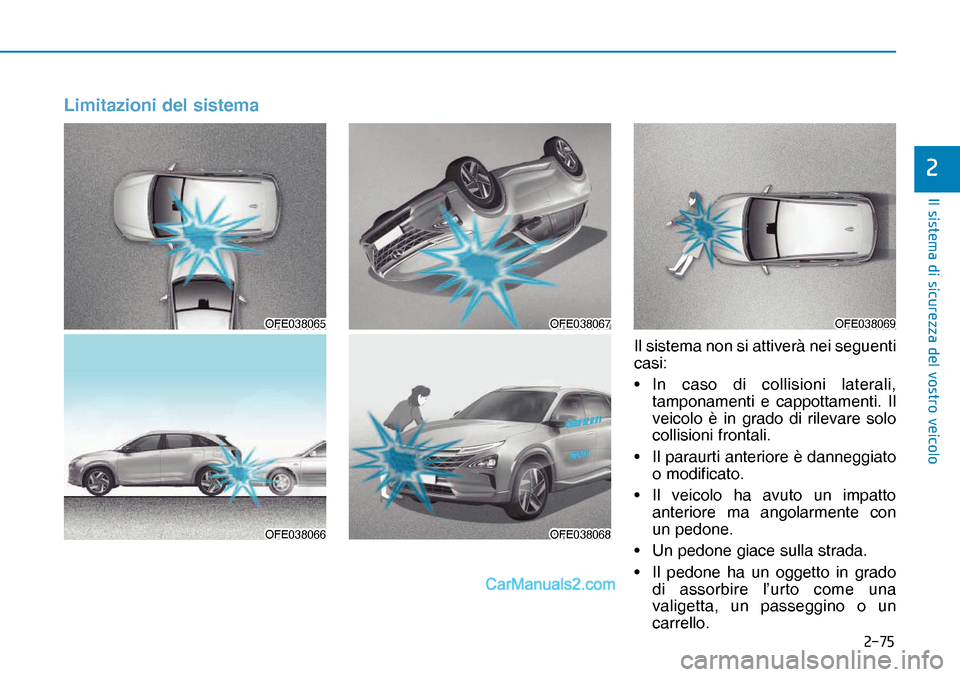 Hyundai Nexo 2019  Manuale del proprietario (in Italian) ����
�,�O��V�L�V�W�H�P�D��G�L��V�L�F�X�U�H�]�]�D��G�H�O��Y�R�V�W�U�R��Y�H�L�F�R�O�R
�
Limitazioni del sistema
OFE038065OFE038065OFE038067OFE038067OFE038069OFE038069
OFE038066OFE038066OFE038