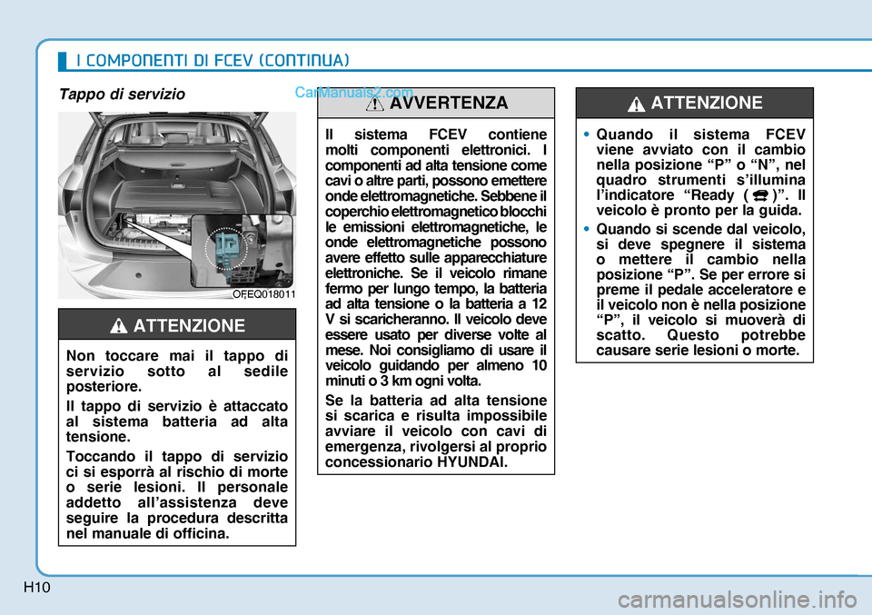 Hyundai Nexo 2019  Manuale del proprietario (in Italian) H10
Tappo di servizio
OFEQ018011OFEQ018011
Il sistema FCEV contiene 
molti componenti elettronici. I 
componenti ad alta tensione come 
cavi o altre parti, possono emettere 
onde elettromagnetiche. Se