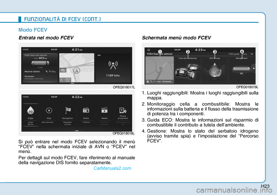 Hyundai Nexo 2019  Manuale del proprietario (in Italian) H23
Modo FCEV
Entrata nel modo FCEV
Si può entrare nel modo FCEV selezionando il menù 
“FCEV” nella schermata iniziale di AVN o “FCEV” nel 
menù.
Per dettagli sul modo FCEV, fare riferiment