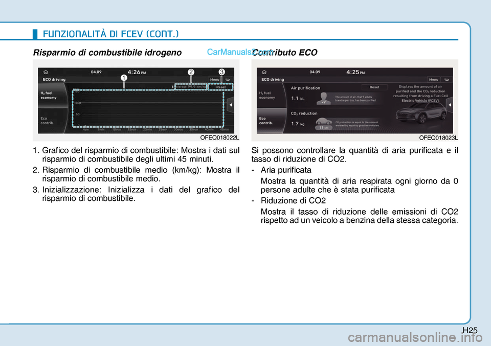 Hyundai Nexo 2019  Manuale del proprietario (in Italian) H25
Risparmio di combustibile idrogeno
1. Grafico del risparmio di combustibile: Mostra i dati sul 
risparmio di combustibile degli ultimi 45 minuti.
2. Risparmio di combustibile medio (km/kg): Mostra