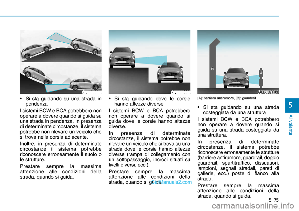 Hyundai Nexo 2019  Manuale del proprietario (in Italian) ����
�$�O��Y�R�O�D�Q�W�H
�
OFE058125OFE058109OFE058110LOFE058110L•  Si sta guidando su una strada in 
pendenza
I sistemi BCW e BCA potrebbero non 
operare a dovere quando si guida su 
una stra