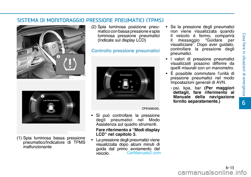 Hyundai Nexo 2019  Manuale del proprietario (in Italian) ����
�&�R�V�D��I�D�U�H��L�Q��V�L�W�X�D�]�L�R�Q�L��G�L��H�P�H�U�J�H�Q�]�D
�
(1)  Spia luminosa bassa pressione 
pneumatico/Indicatore di TPMS 
malfunzionante(2)  Spia luminosa posizione pneu
