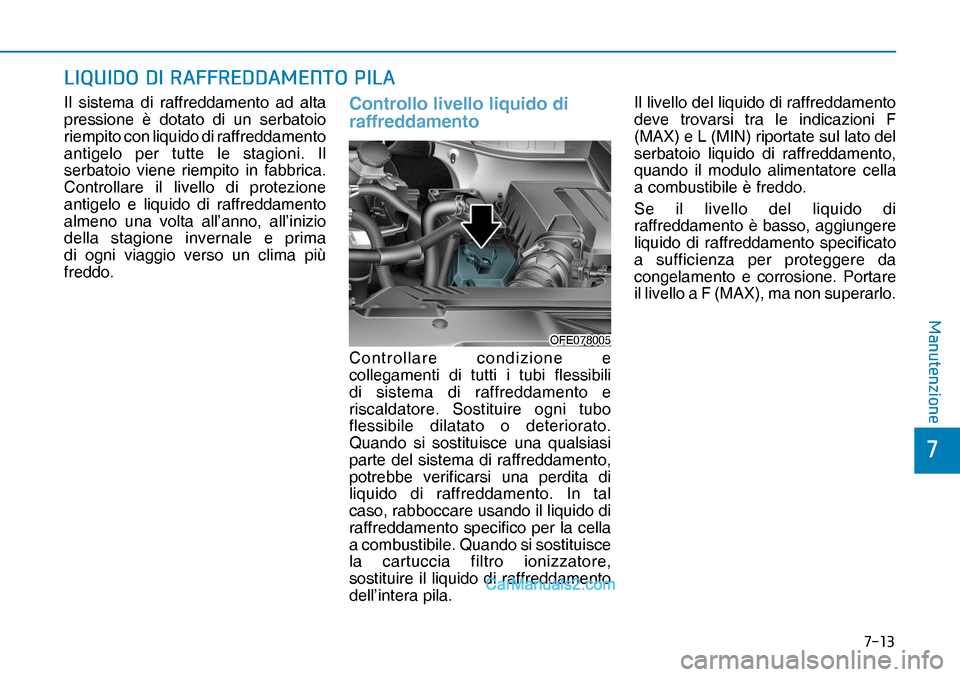 Hyundai Nexo 2019  Manuale del proprietario (in Italian) ����
�
�0�D�Q�X�W�H�Q�]�L�R�Q�H
�/�,�4�8�,��2���,��5�$�)�)�5�(���$�0�(�1�7�2��3�,�/�$
Il sistema di raffreddamento ad alta 
pressione è dotato di un serbatoio 
riempito con liquido di raf
