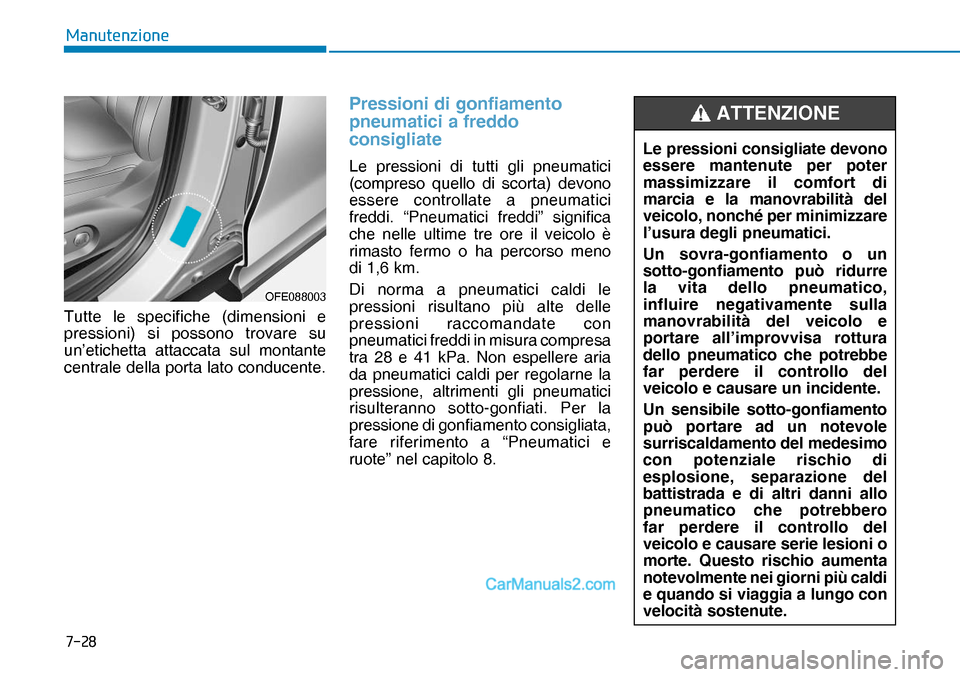 Hyundai Nexo 2019  Manuale del proprietario (in Italian) ����
�0�D�Q�X�W�H�Q�]�L�R�Q�H
Tutte le specifiche (dimensioni e 
pressioni) si possono trovare su 
un’etichetta attaccata sul montante 
centrale della porta lato conducente.
Pressioni di gonfiam