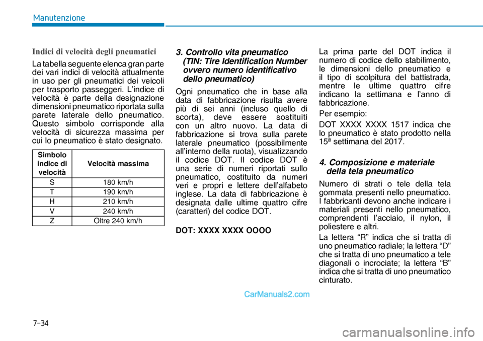 Hyundai Nexo 2019  Manuale del proprietario (in Italian) ����
�0�D�Q�X�W�H�Q�]�L�R�Q�H
�,�Q�G�L�F�L��G�L��Y�H�O�R�F�L�W�j��G�H�J�O�L��S�Q�H�X�P�D�W�L�F�L
La tabella seguente elenca gran parte 
dei vari indici di velocità attualmente 
in uso per gli