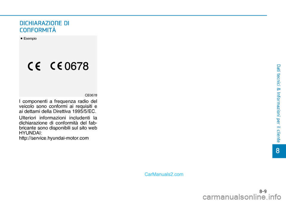 Hyundai Nexo 2019  Manuale del proprietario (in Italian) ���
�
��D�W�L��W�H�F�Q�L�F�L��	��,�Q�I�R�U�P�D�]�L�R�Q�L��S�H�U��L�O��F�O�L�H�Q�W�H
I componenti a frequenza radio del 
veicolo sono conformi ai requisiti e 
ai dettami della Direttiva 1995