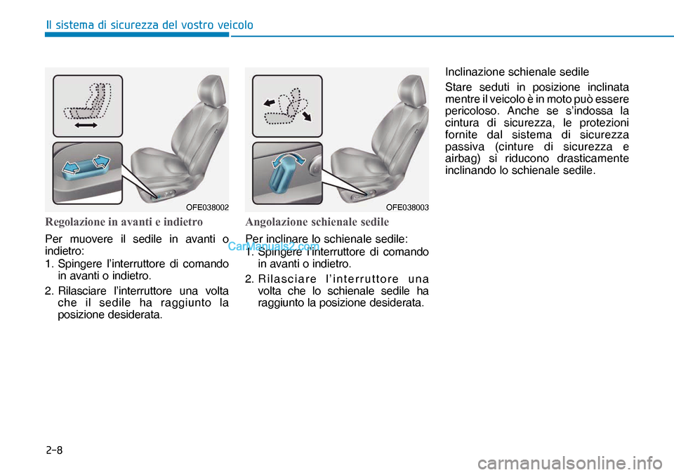 Hyundai Nexo 2019  Manuale del proprietario (in Italian) ���
�,�O��V�L�V�W�H�P�D��G�L��V�L�F�X�U�H�]�]�D��G�H�O��Y�R�V�W�U�R��Y�H�L�F�R�O�R
Regolazione in avanti e indietro
Per muovere il sedile in avanti o 
indietro:
1. Spingere l’interruttore d