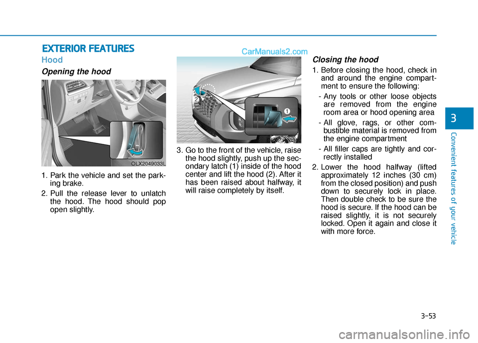 Hyundai Palisade 2020  Owners Manual 3-53
Convenient features of your vehicle
3
Hood
Opening the hood 
1. Park the vehicle and set the park-ing brake.
2. Pull the release lever to unlatch the hood. The hood should pop
open slightly. 3. G