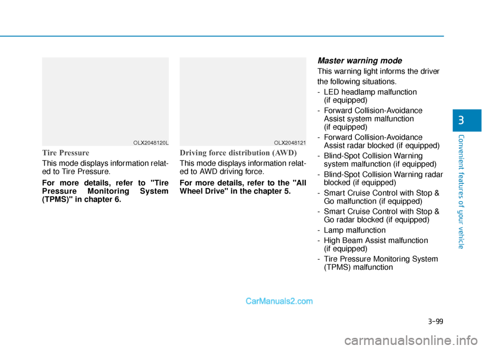 Hyundai Palisade 2020 Owners Guide 3-99
Convenient features of your vehicle
3
Tire Pressure
This mode displays information relat-
ed to Tire Pressure.
For more details, refer to "Tire
Pressure Monitoring System
(TPMS)" in chapter 6.
Dr