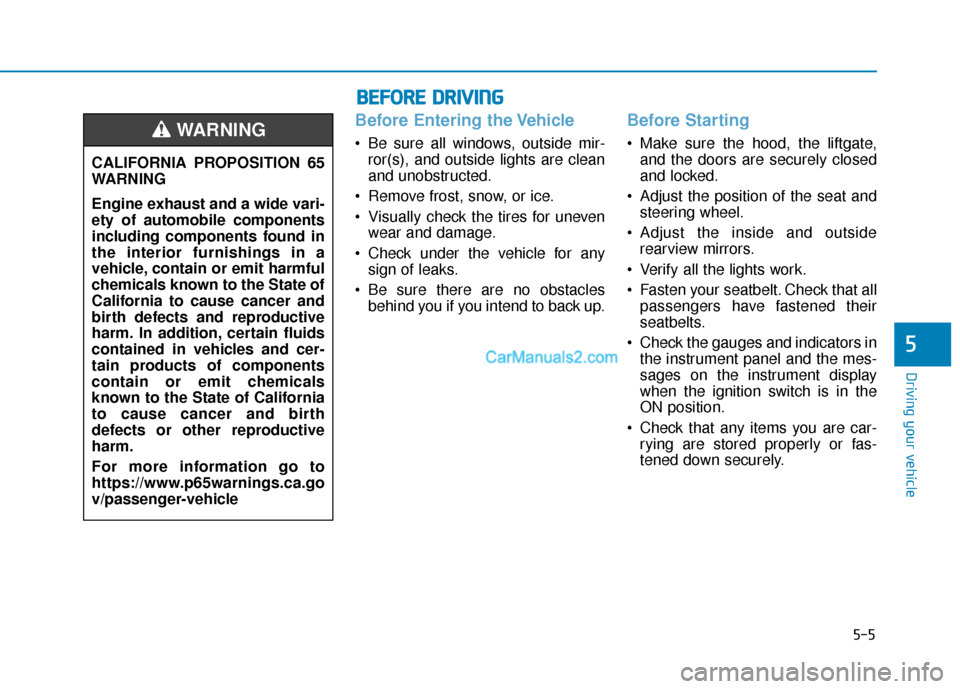 Hyundai Palisade 2020  Owners Manual 5-5
Driving your vehicle
5
Before Entering the Vehicle
• Be sure all windows, outside mir-ror(s), and outside lights are clean
and unobstructed.
 Remove frost, snow, or ice.
 Visually check the tire