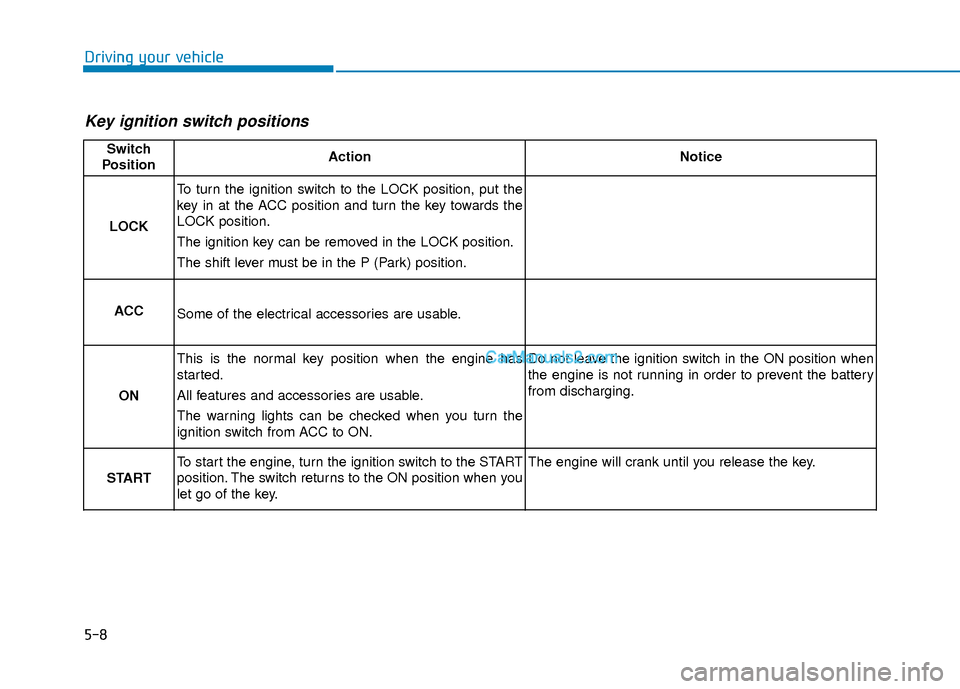 Hyundai Palisade 2020 Owners Manual 5-8
Driving your vehicle
Key ignition switch positions
Switch
PositionActionNotice
LOCK
To turn the ignition switch to the LOCK position, put the
key in at the ACC position and turn the key towards t Hyundai Palisade 2020 Owners Manual 5-8
Driving your vehicle
Key ignition switch positions
Switch
PositionActionNotice
LOCK
To turn the ignition switch to the LOCK position, put the
key in at the ACC position and turn the key towards t